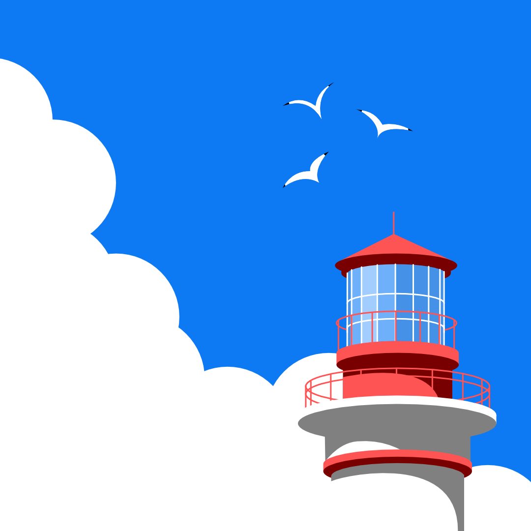 Vector Illustration of a Lighthouse with Seagulls and Clouds